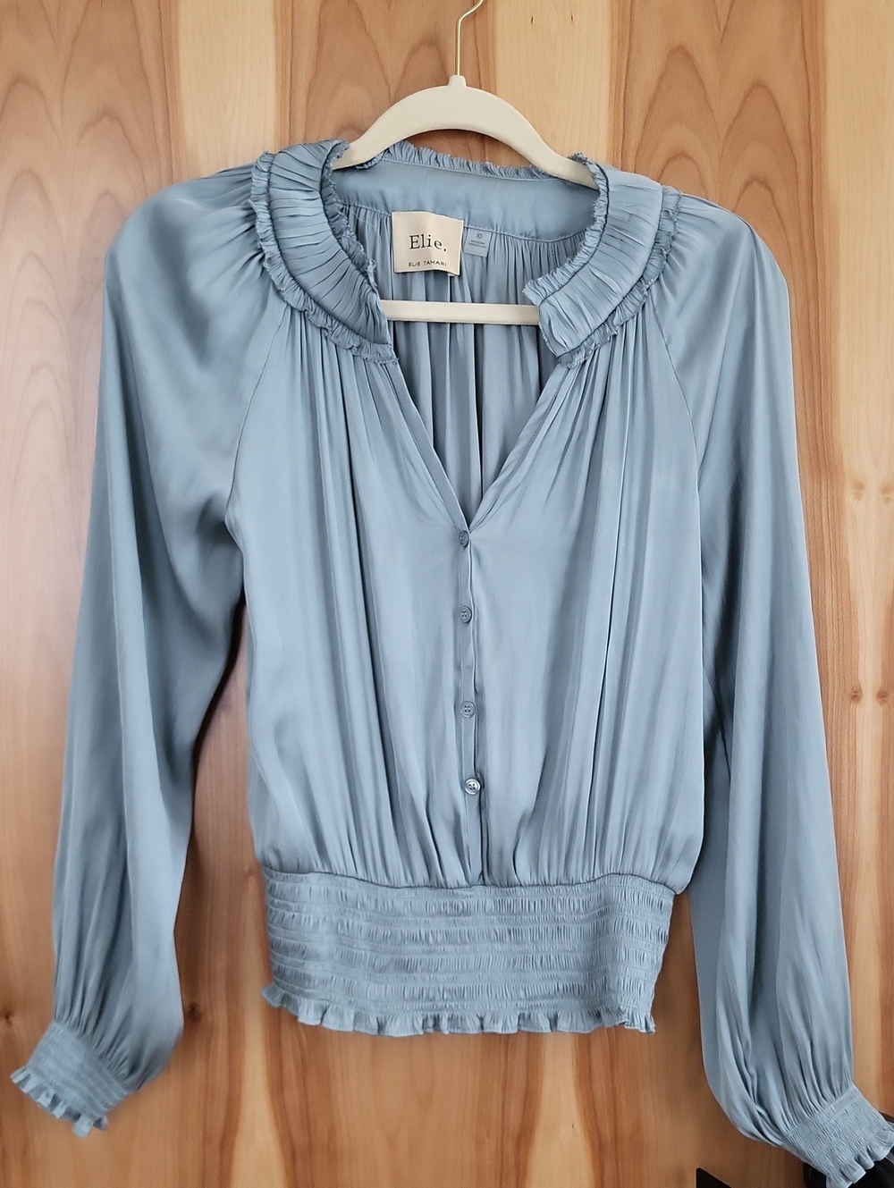 Elie Tahari Dove Blue Satin Button-Front Blouse with Ruffle Collar
